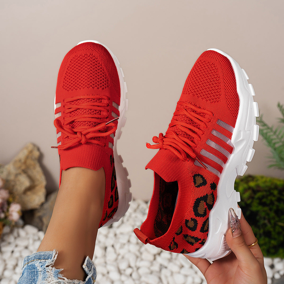 Women's Sneakers – Breathable Flyknit – Low Profile – Leopard Details – Wavy Sole