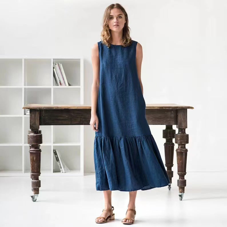 Women's Midi Dress – Sleeveless – Loose Fit – Linen Blend – Ruffle Edge – For Everyday Use