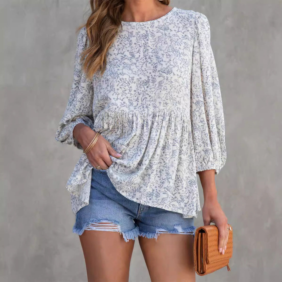 Light Cotton Floral Print Lantern Sleeve Blouse