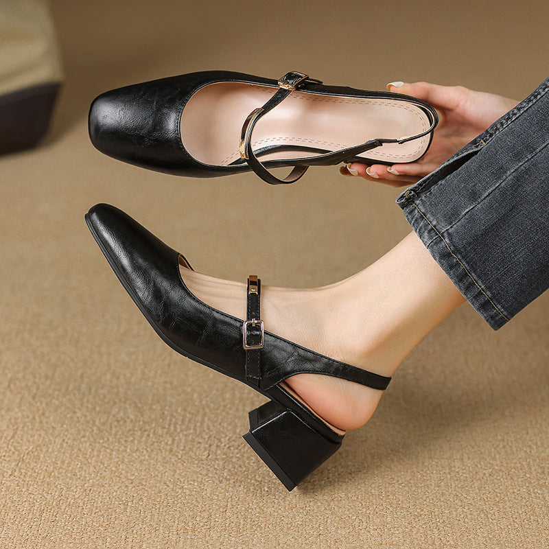 Dame Slingback Hæle – Imitationslæder – Blokhæl – Firkantet Tå – Nittestrop