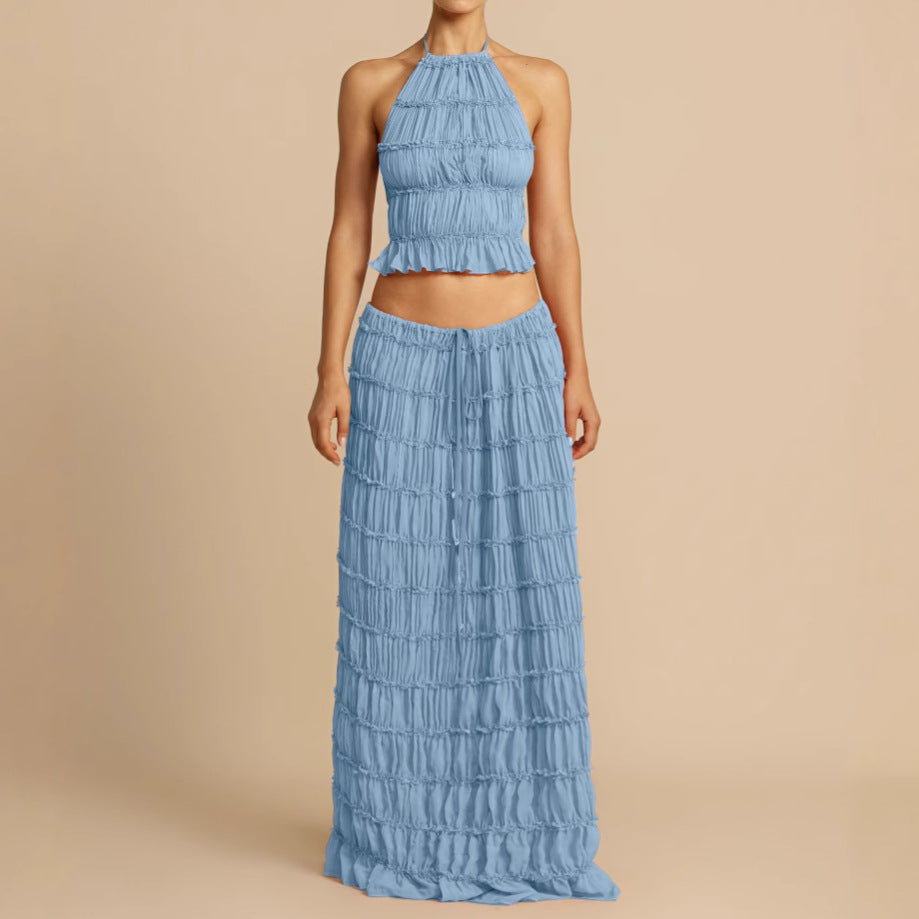 Ruched Halter Elastic Waist Maxi Two-Piece Set