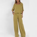 Women's Set – Linen Blend – Relaxed Fit – Short-Sleeved Top & Wide Pants