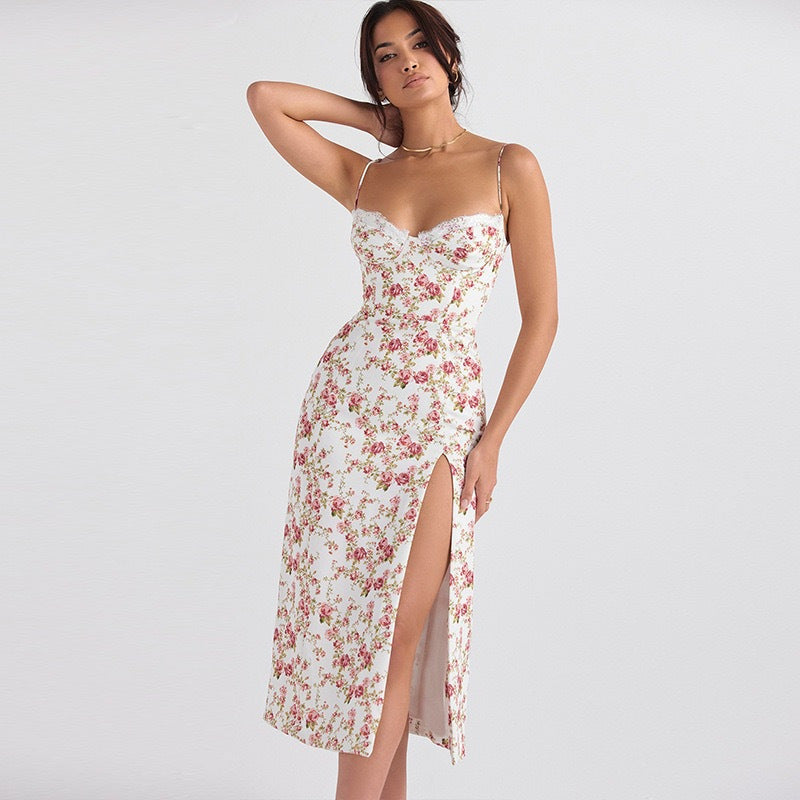 Floral Print Tailored Sweetheart Midi Dress