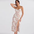 Women's Midi Dress – Tailored Fit – Floral Print – Sweetheart Neckline – Slit – Straps