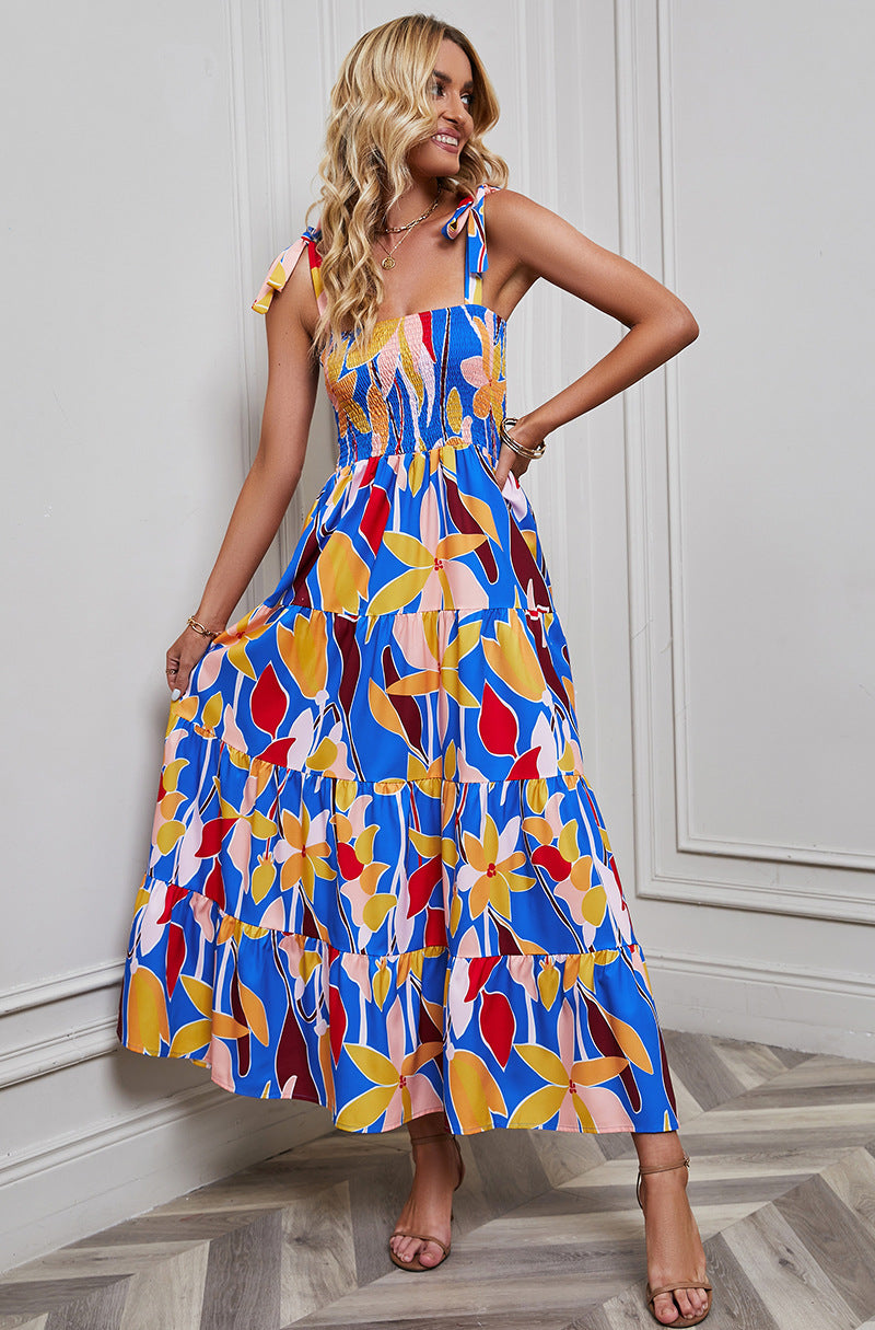 Women's Maxi Dress – Smocked Bodice – Tie Straps – A-line Cut – Tiered Skirt