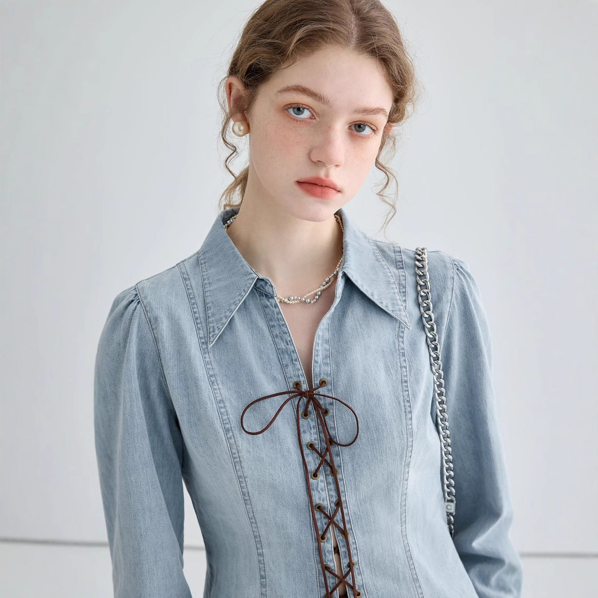 Women's Shirt Jacket – Denim – Tailored Fit – Lace Closure – Long Sleeves