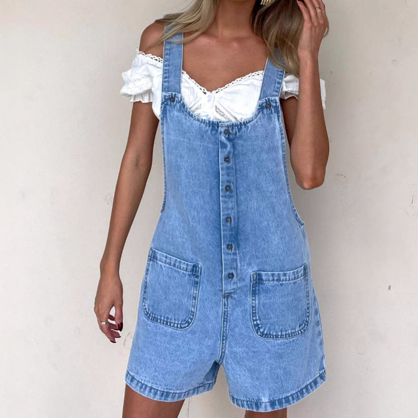 Dame Dungaree Shorts – Denim – Løs Pasform – Justerbare Stropper – Knaplukning