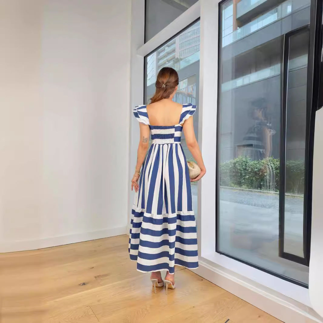 Women's Midi Dress – Cotton Blend – Relaxed Fit – Off-Shoulder – Ruffle Sleeves – Striped