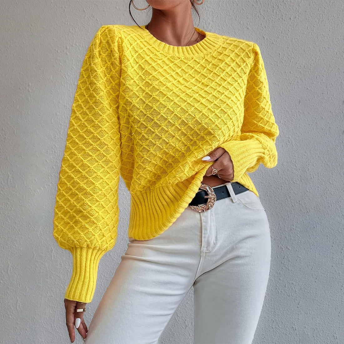 Relaxed Fit Quilted Wool Blend Pullover Sweater