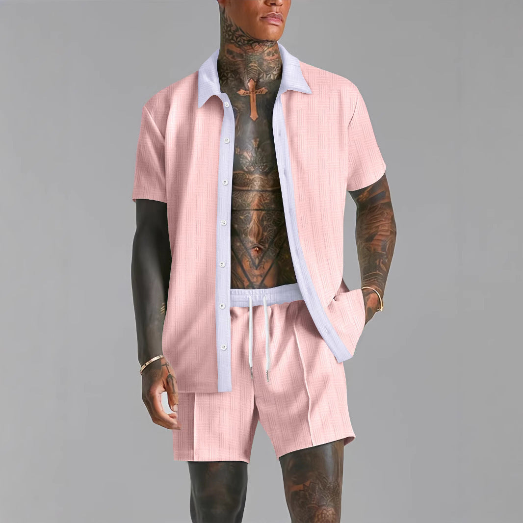 Men's Set with Shirt and Shorts – Cotton Blend – Relaxed Fit – Button Closure – Elastic Waist