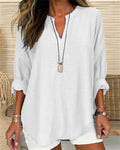 Women's Shirt with Long Sleeves – Cotton Linen – Relaxed Fit – Stand Collar