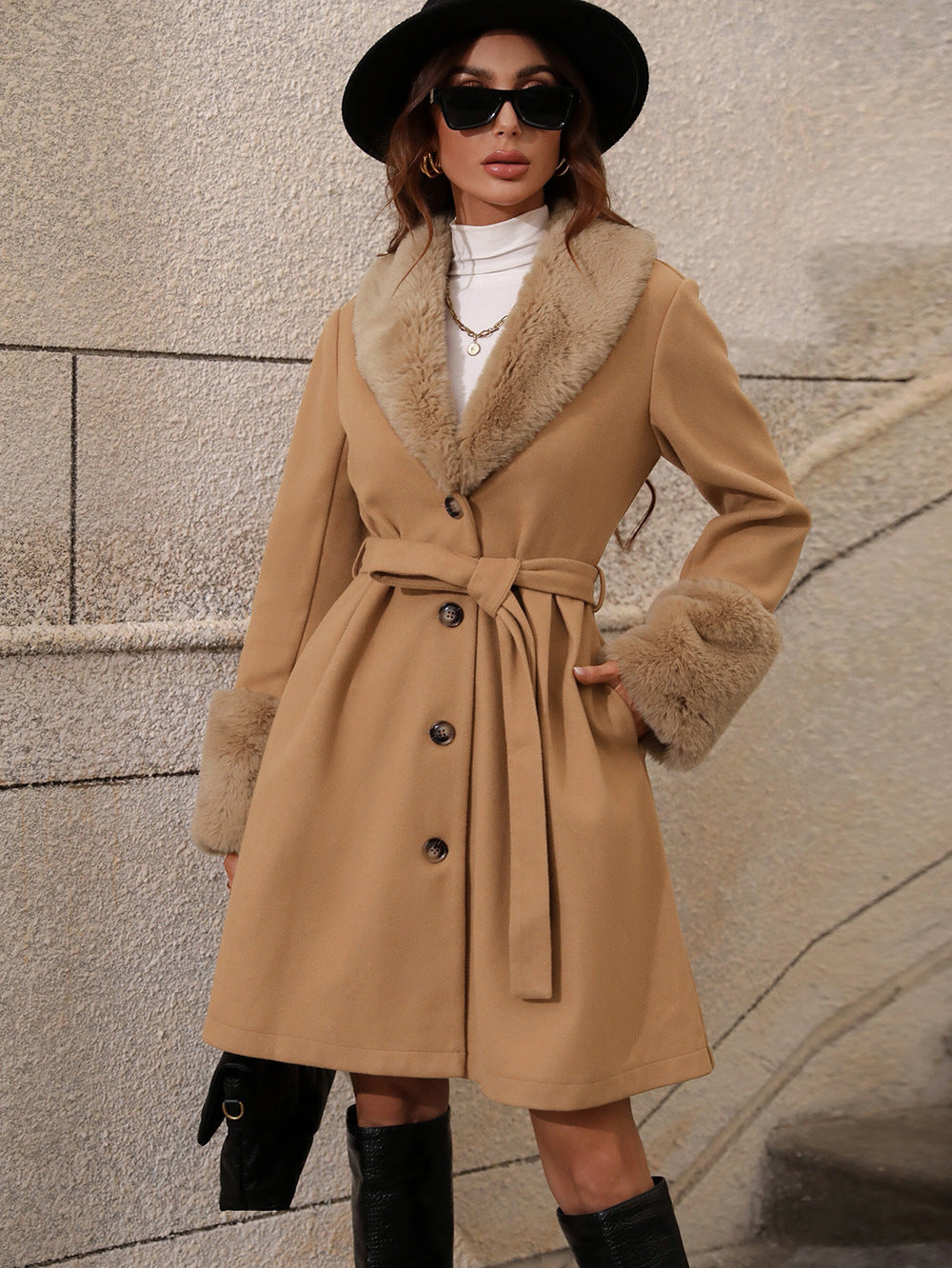 Tailored Fur Collar Belted Trench Coat