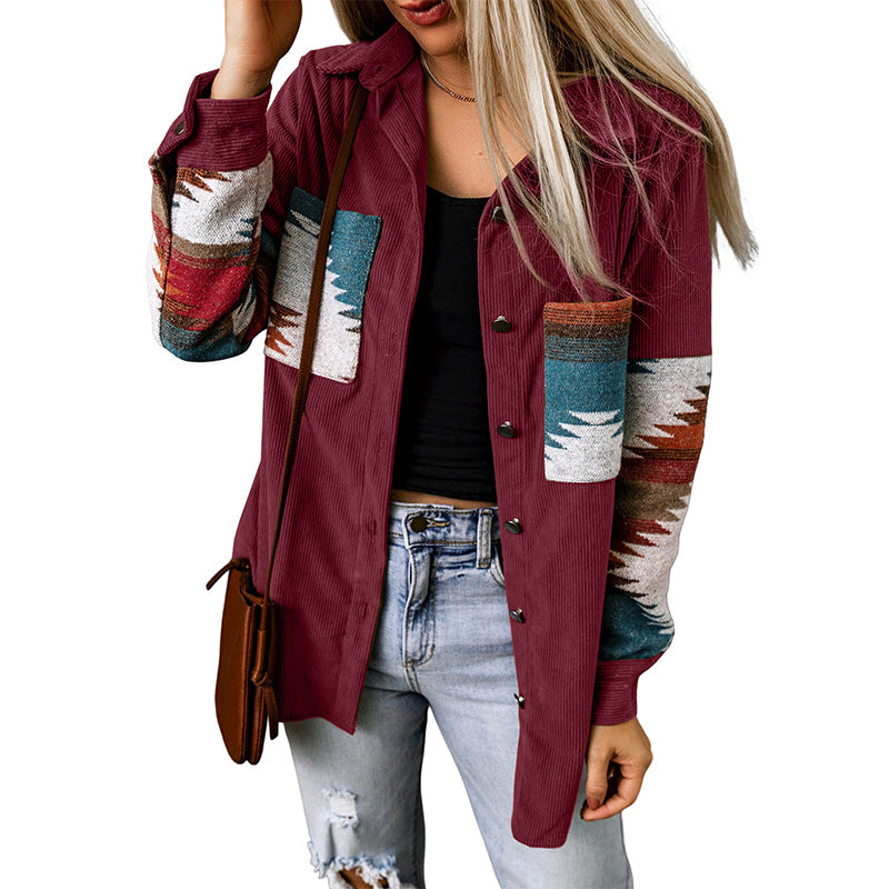 Aztec Detail Wool Blend Corduroy Cardigan Jacket