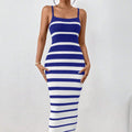 Women's Bodycon Dress – Slim Fit – Knit Fabric – Spaghetti Straps – Striped – Midi Length