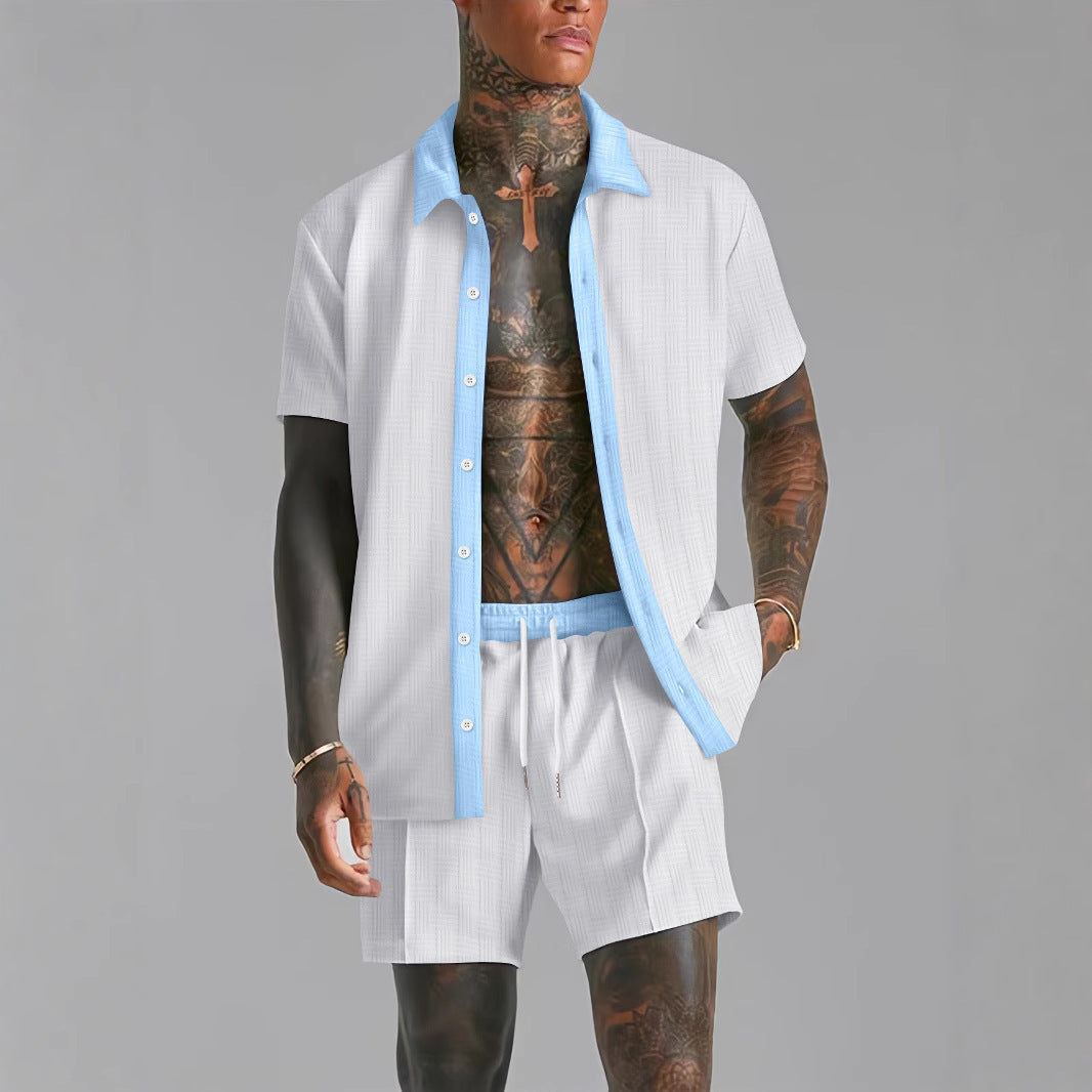 Men's Set with Shirt and Shorts – Cotton Blend – Relaxed Fit – Button Closure – Elastic Waist