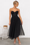 Women's Evening Dress – Slim Fit A-line – Mesh Overlay – Spaghetti Straps – Midi Length