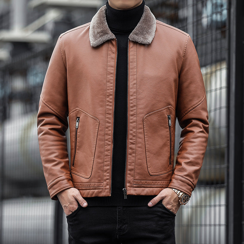 Velvet Collar Tailored Leather Jacket