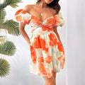 Women's short dress – off-shoulder – puff sleeves – cut-out neck – A-line fit