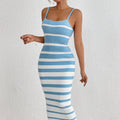Women's Bodycon Dress – Slim Fit – Knit Fabric – Spaghetti Straps – Striped – Midi Length