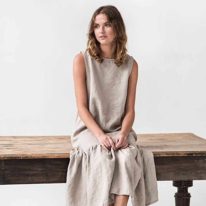 Women's Midi Dress – Sleeveless – Loose Fit – Linen Blend – Ruffle Edge – For Everyday Use