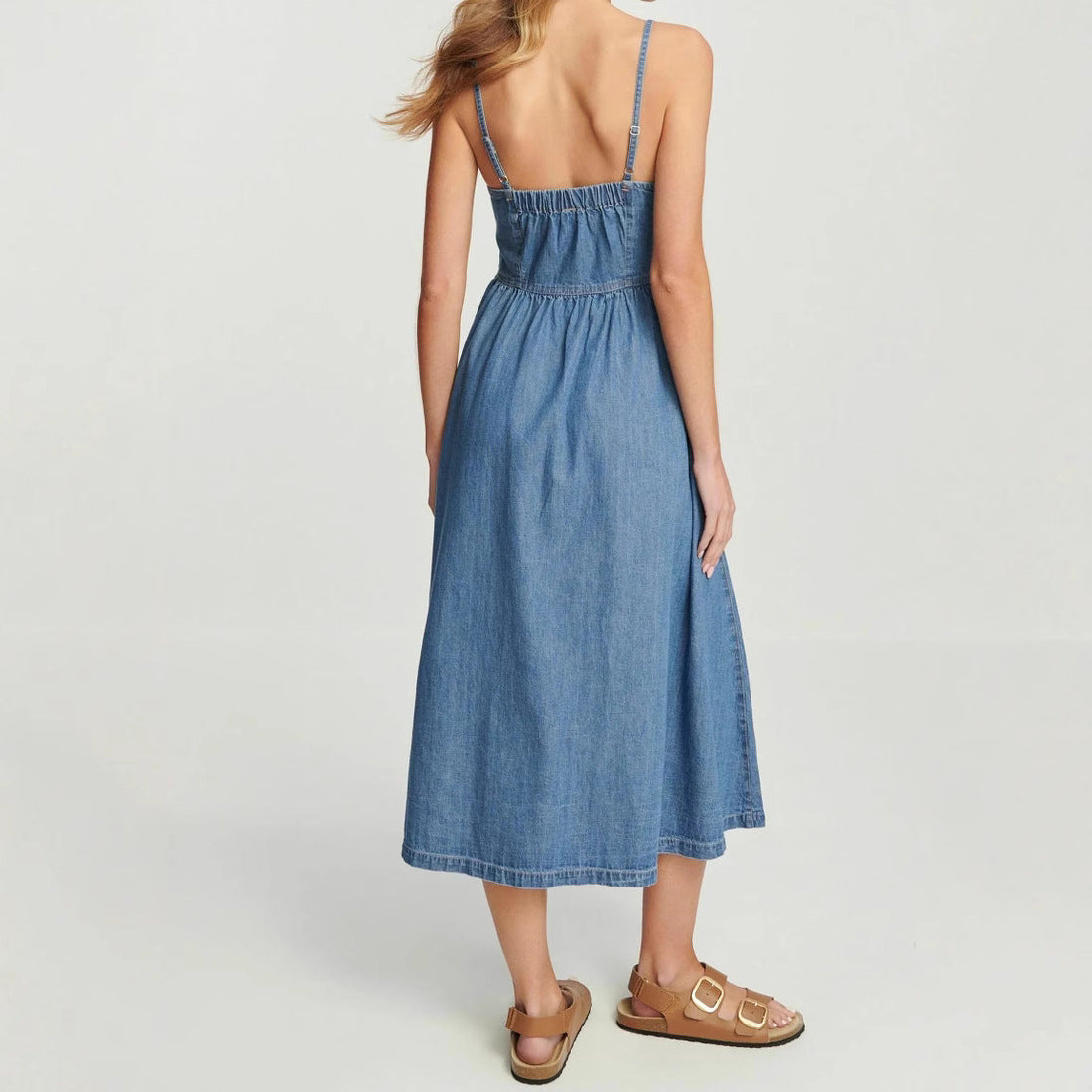 Denim A-Line Spaghetti Strap Midi Dress