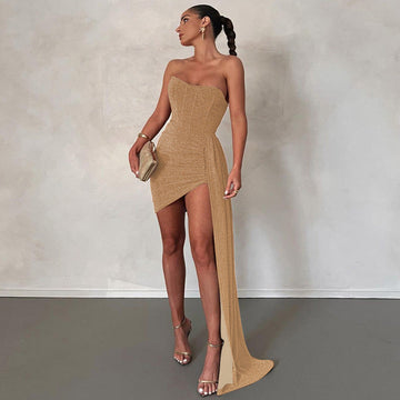 Kjole til kvinder – Mini – Stropløs Bodycon – Satinlook – Draperet talje asymmetrisk søm