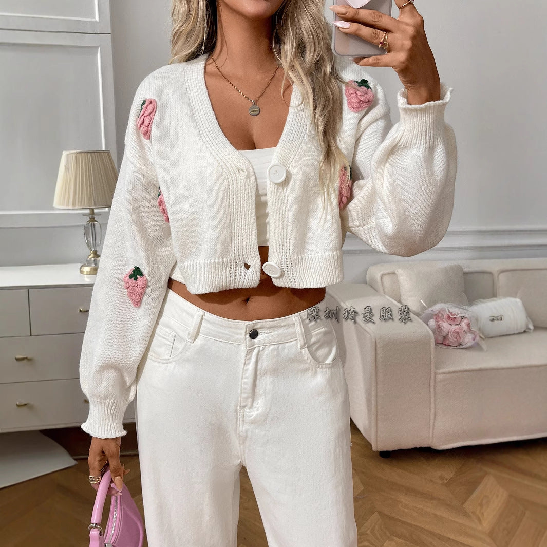 Textured Knit Wool Blend Cropped Cardigan Sweater