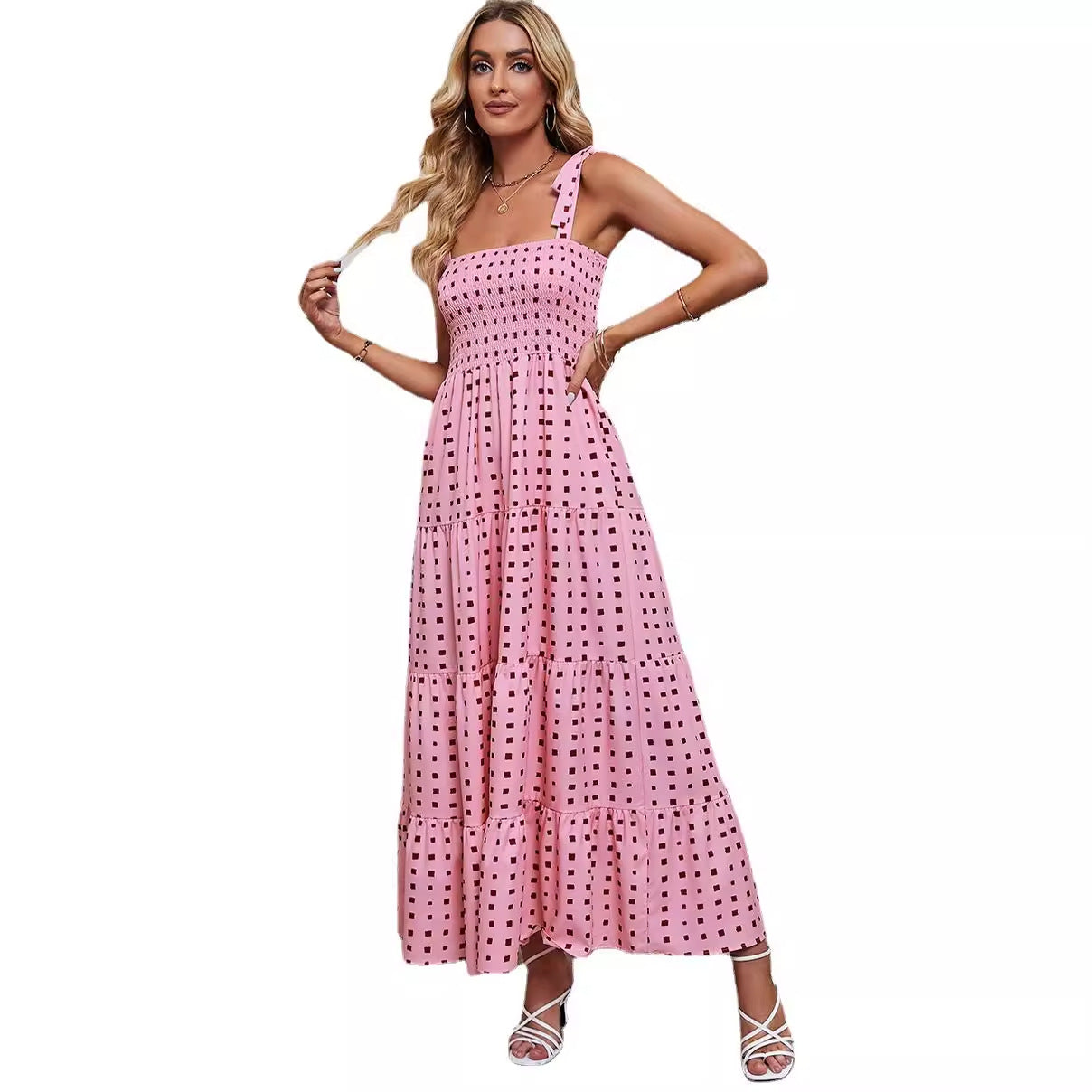 Women's Maxi Dress – Smocked Bodice – Tie Straps – A-line Cut – Tiered Skirt
