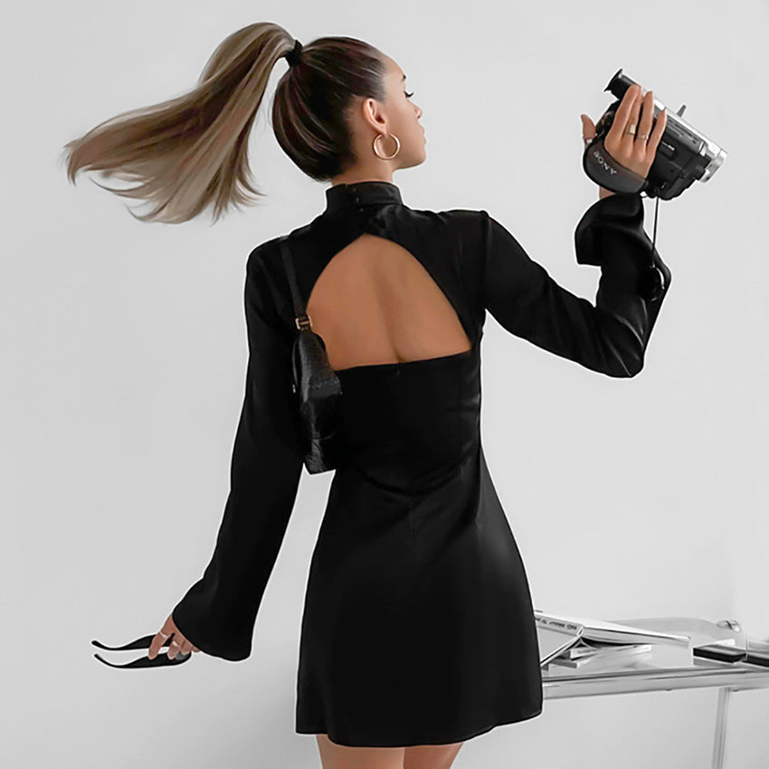 Women's Dress Mini – Satin – Tailored – Bell Sleeves – Elegant Evening Look