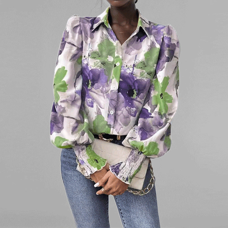 Women's Shirt – Oversize Fit – Floral Print – Puff Sleeves – Smock Cuffs