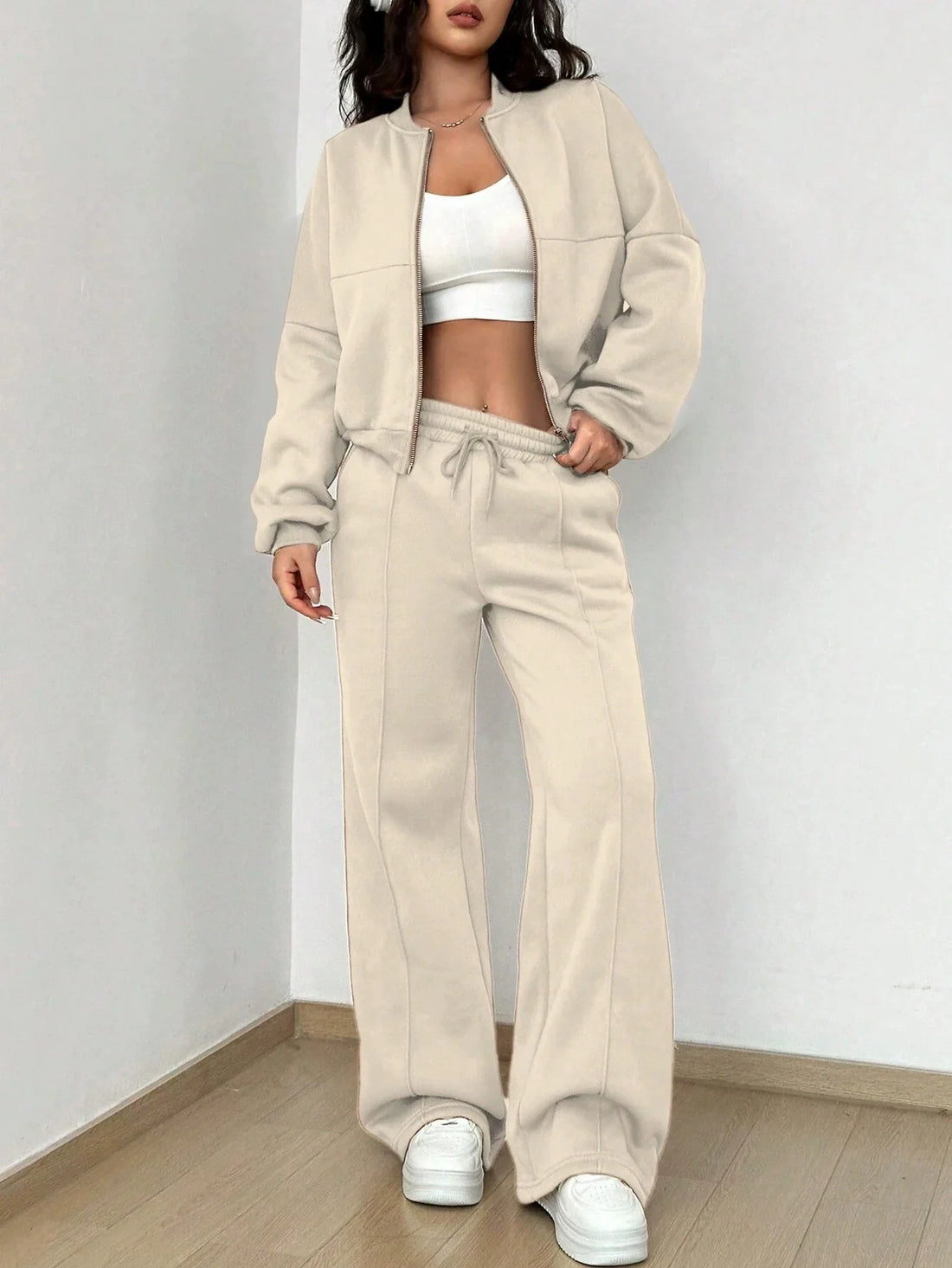 Two-Piece High-Waisted Wide-Leg Bomber Loungewear Set