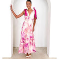 Women's maxi dress – Sleeveless V-neck – Tie straps – Light fabric – Printed pattern