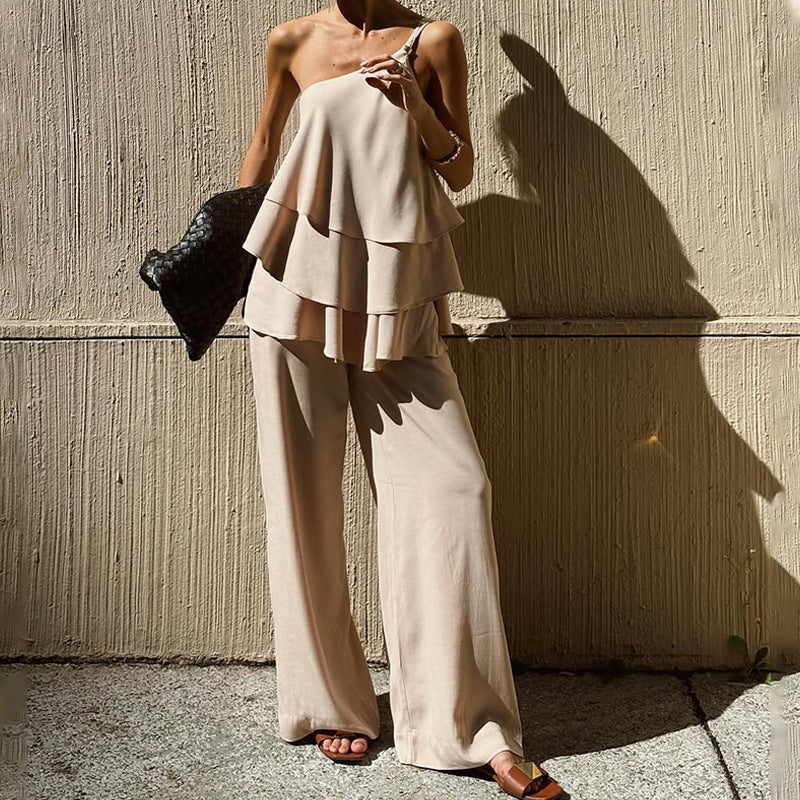 Women's Jumpsuit – Asymmetric Ruffle Top – Wide Legs – Light and Breathable Fit