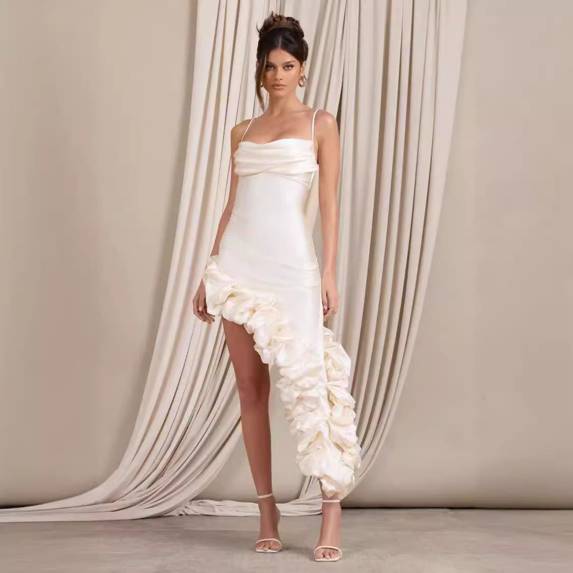 Dress for Women – Evening Dress in Satin – Slim Fit – Asymmetrical Hem – Spaghetti Straps
