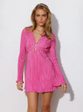 Women's Mini Bodycon Dress – Deep V-Neckline – Cutouts – Long Sleeves – Pleated