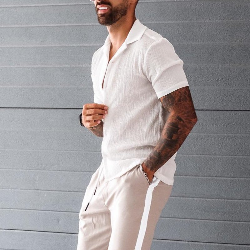 Men's Shirt with Short Sleeves – Loose Fit – Cotton Linen Blend – Classic Button Closure