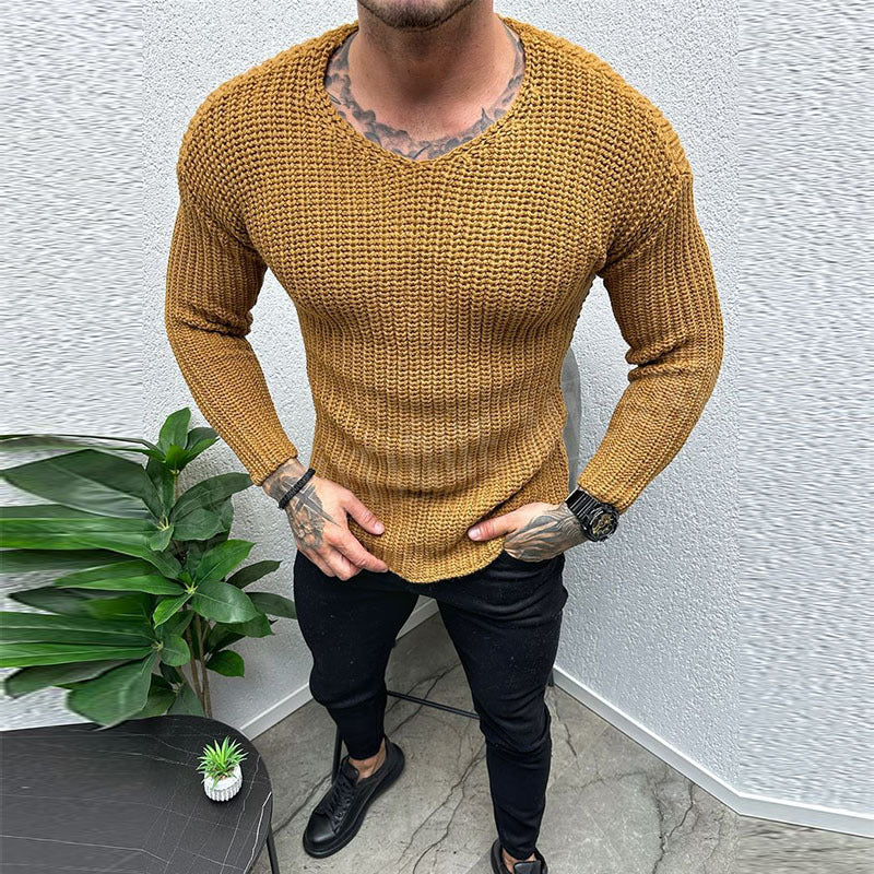 Men's Sweater – Slim Fit – Heavy Wool Knit – Round Neck – Long-Sleeved Casual Wear