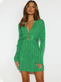 Women's Mini Bodycon Dress – Deep V-Neckline – Cutouts – Long Sleeves – Pleated