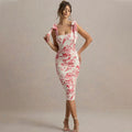 Dress for women – Bodycon fit – Floral print – Tie shoulder straps – Midi length