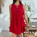 Women's Dress – Sleeveless – Relaxed Fit – Pleated Front – Tie Neck – Short Length