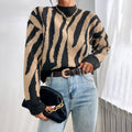 Women's Knit Sweater – Relaxed Fit – Animal Print – Round Neck – Soft and Warm