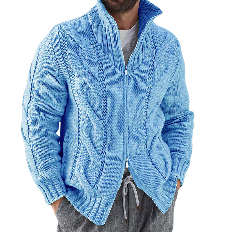 Men's Cardigan – Wool Blend – Relaxed Fit – High Neck – Zipper – Cable Knit Sleeves