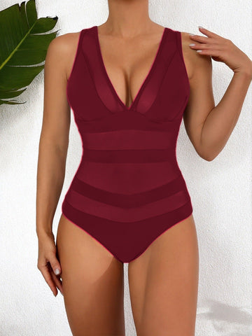 Deep V-Neck Mesh Panel One-Piece Swimsuit