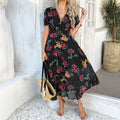 Women's Midi Dress – Chiffon – Bohemian Fit – Deep V-Neck – Short Sleeves