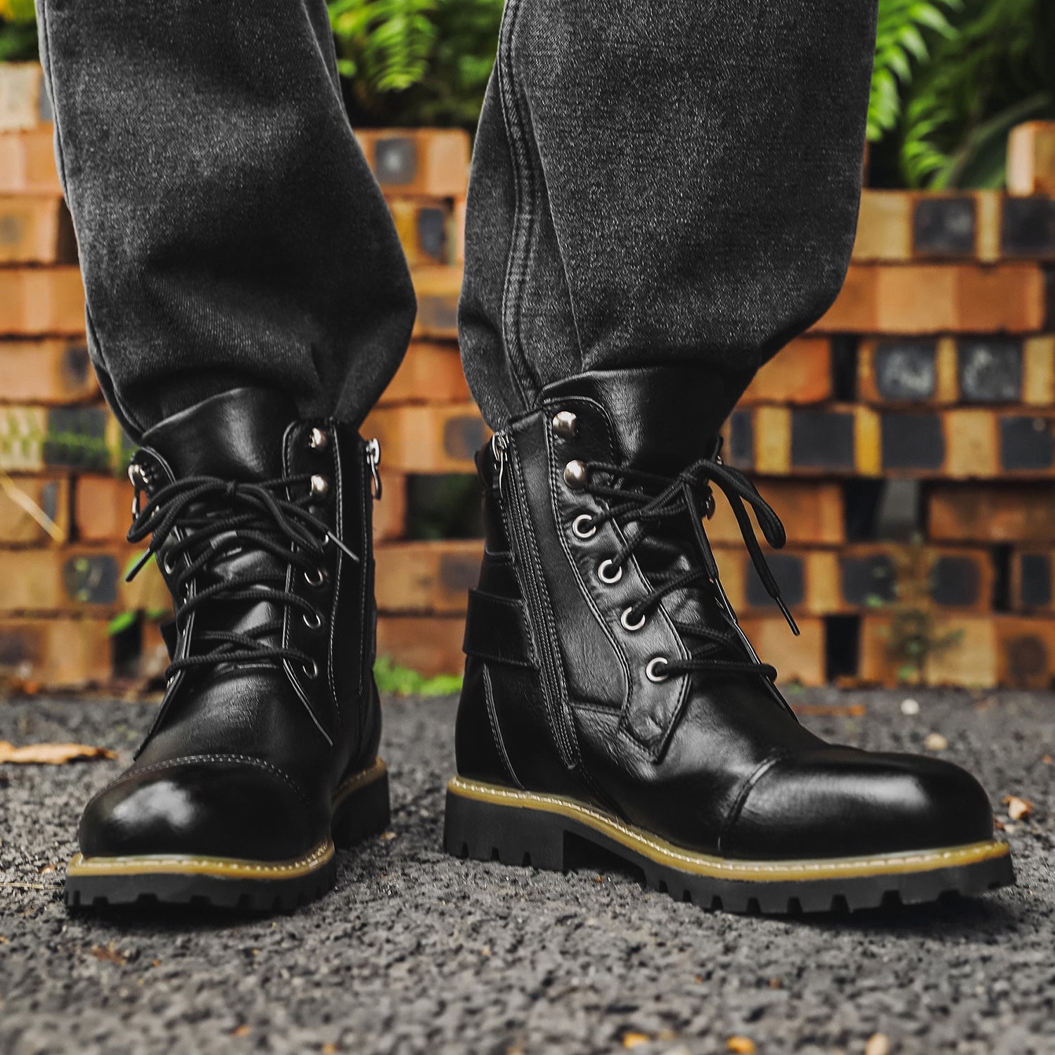 Leather Ankle Lace-Up Side Zipper Boots
