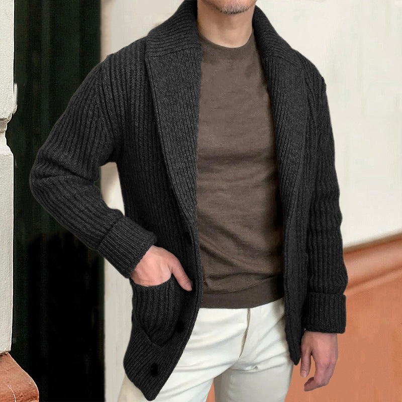 Wool Blend Shawl Collar Ribbed Knit Cardigan