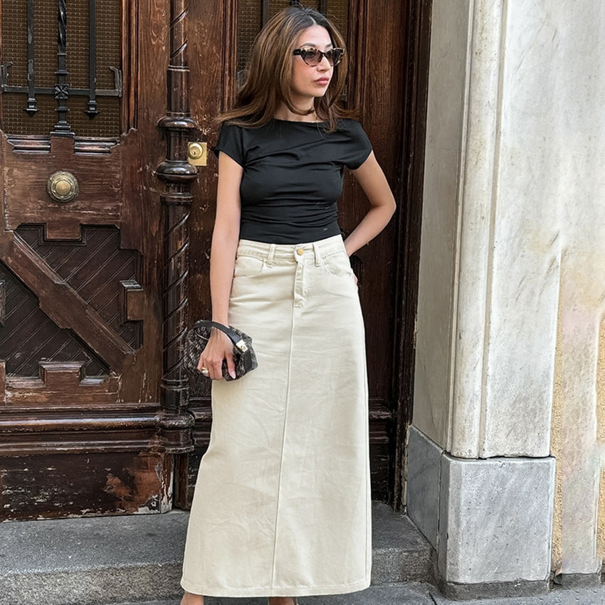 Women's Midi Skirt – 100% Cotton – Slim Fit – High Waist – Front Slit
