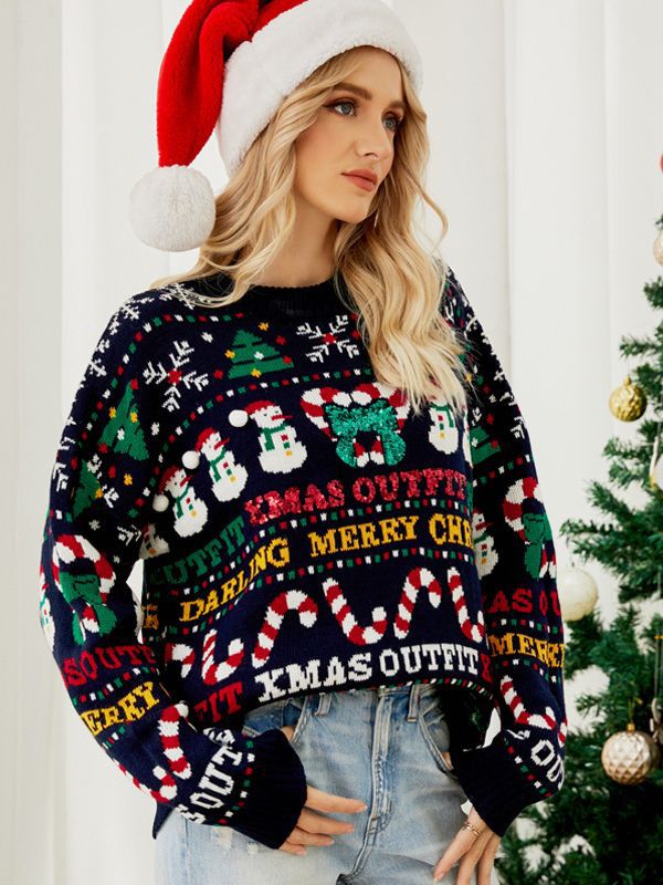 Festive Pattern Jacquard Knit Cropped Sweatshirt