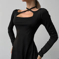 Dress for women – A-line cut – Slim fit – Cross strap – Long sleeves
