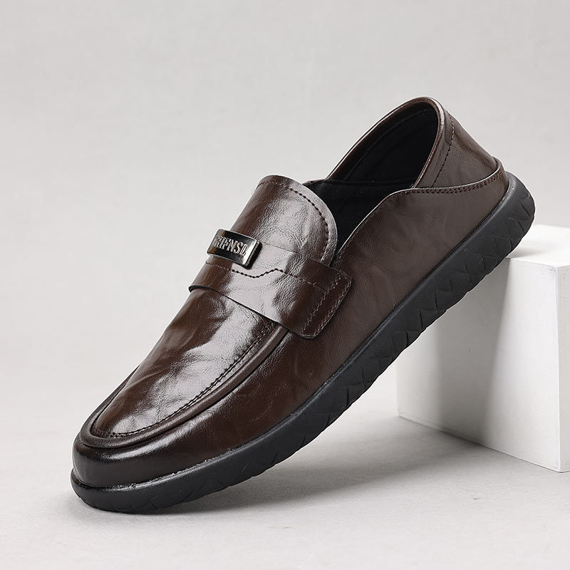 Men's Loafers – Polished Leather – Slip-On Fit – Decorative Strap with Metal – Rubber Sole
